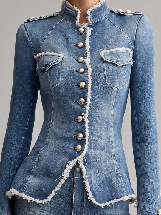 Vintage Slim Fit Military Style Denim Jacket with Frayed Trim and Button Front