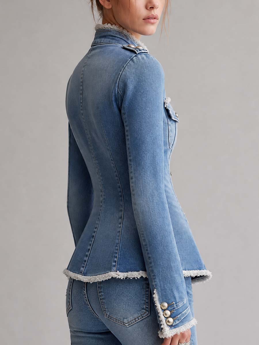 Vintage Slim Fit Military Style Denim Jacket with Frayed Trim and Button Front