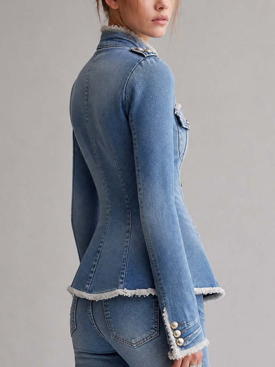 Vintage Slim Fit Military Style Denim Jacket with Frayed Trim and Button Front