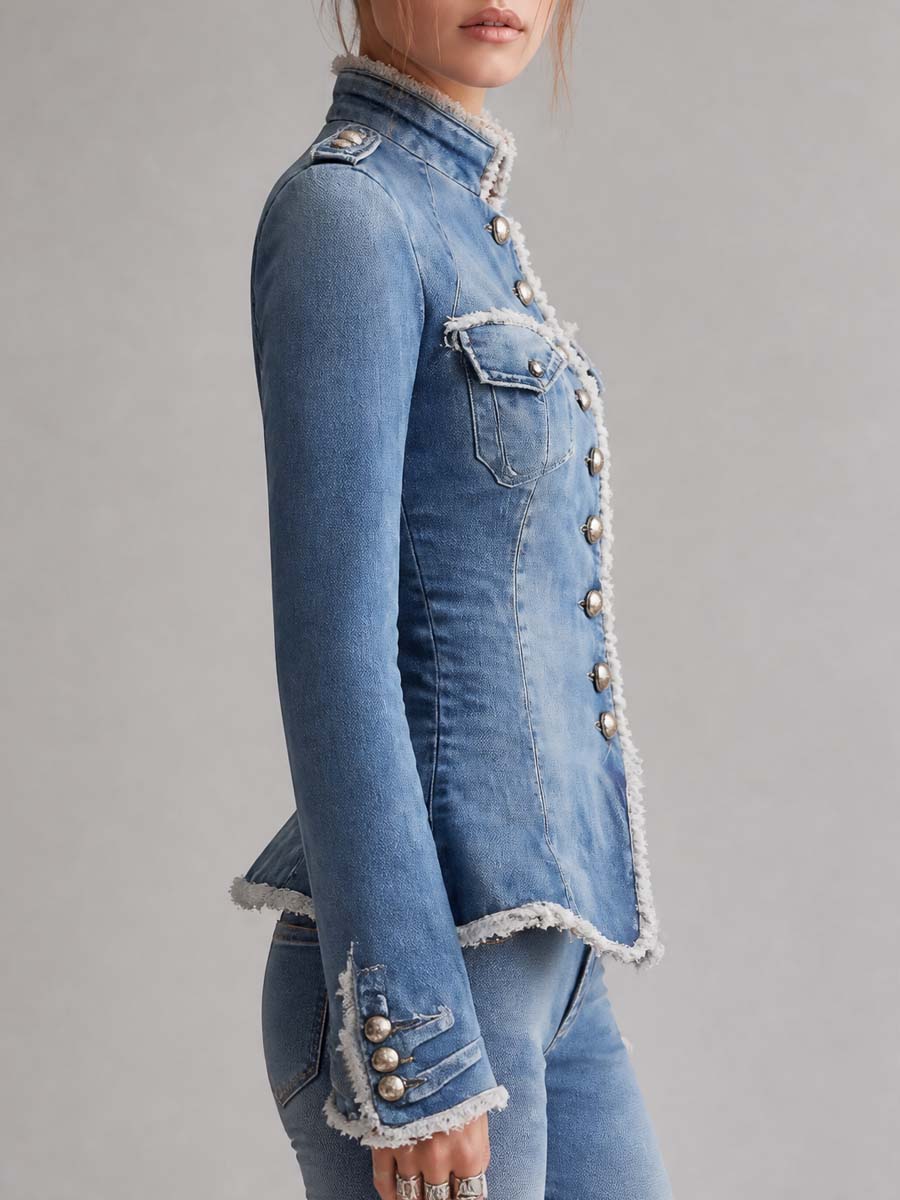 Vintage Slim Fit Military Style Denim Jacket with Frayed Trim and Button Front