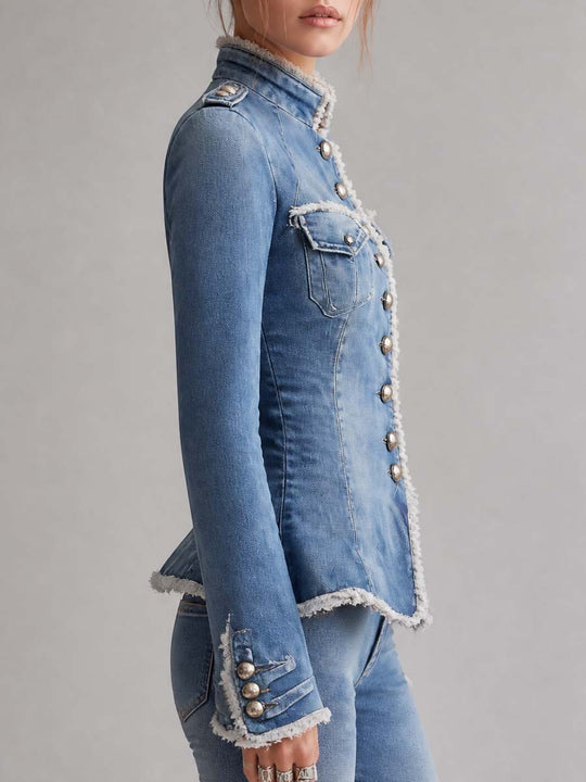 Vintage Slim Fit Military Style Denim Jacket with Frayed Trim and Button Front