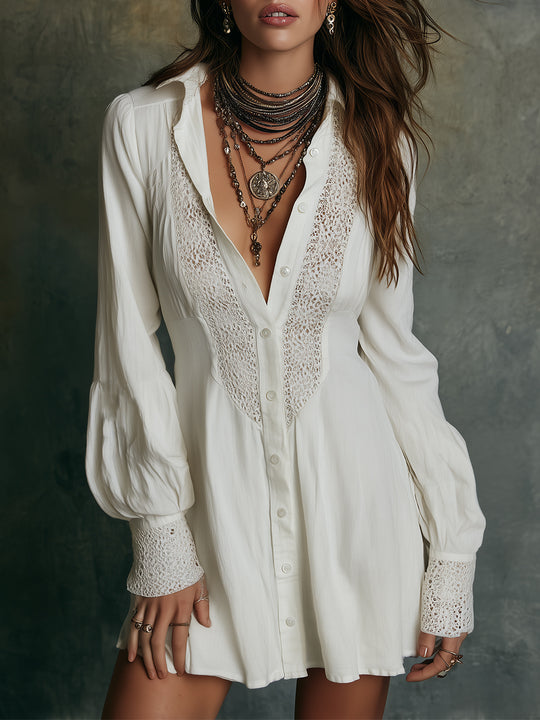 Boho Lace-trim Single-breasted Collared Mini Dress