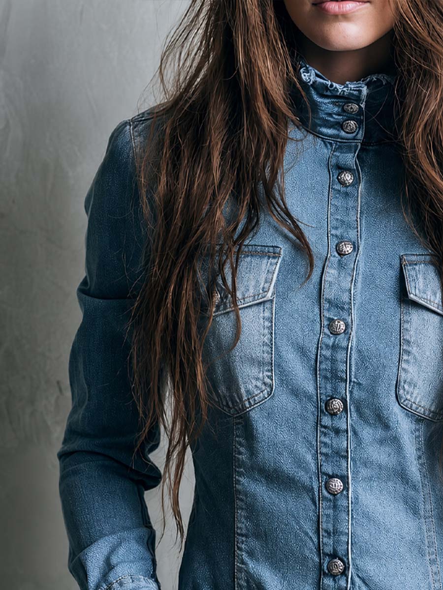 Vintage Stand Collar With Buttons Washed Denim Blouse