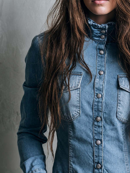 Vintage Stand Collar With Buttons Washed Denim Blouse
