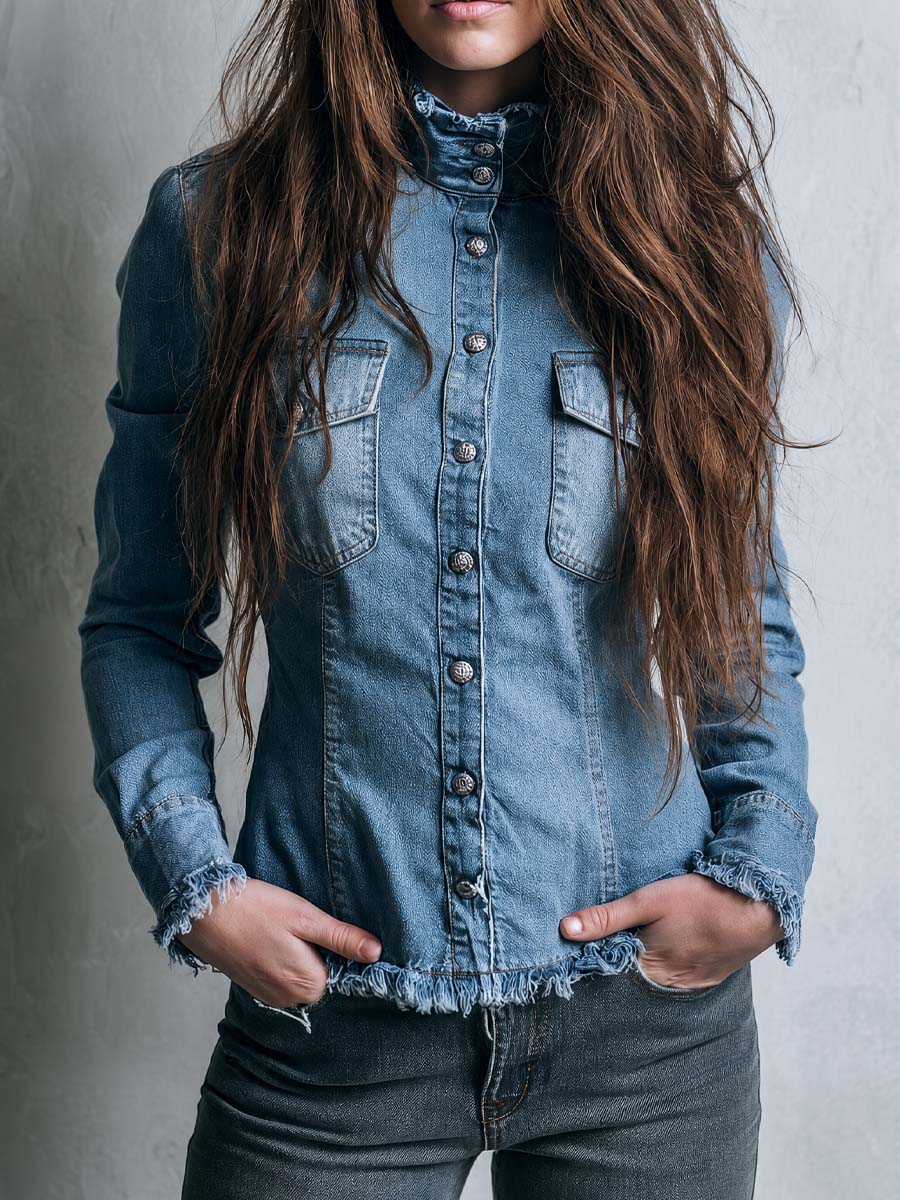 Vintage Stand Collar With Buttons Washed Denim Blouse