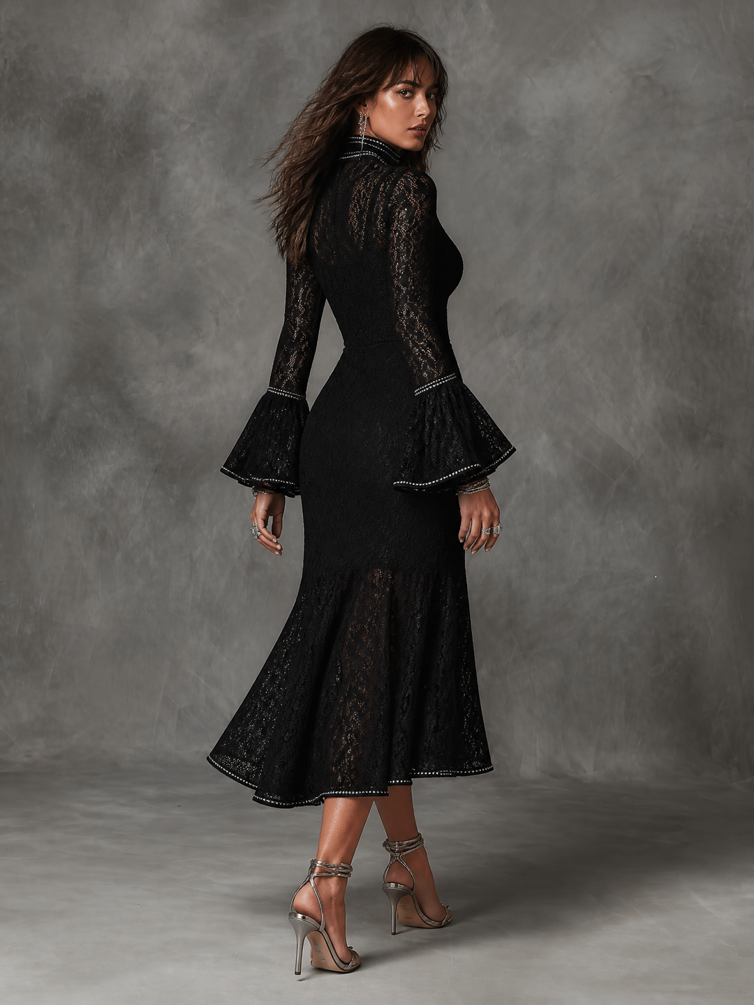 Vintage High Neck Cutout Long Bell Sleeve Silver Rhinestone Piping Black Floral Lace Mermaid Midi Dress