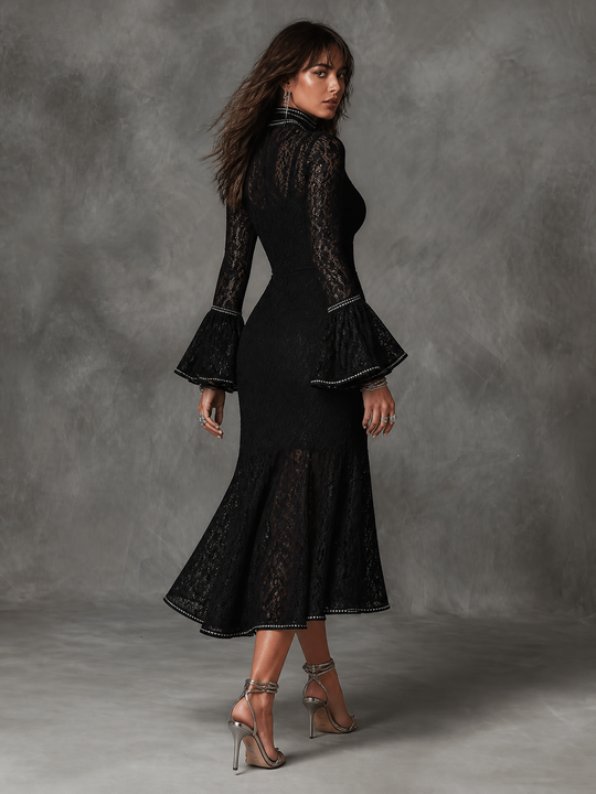 Vintage High Neck Cutout Long Bell Sleeve Silver Rhinestone Piping Black Floral Lace Mermaid Midi Dress