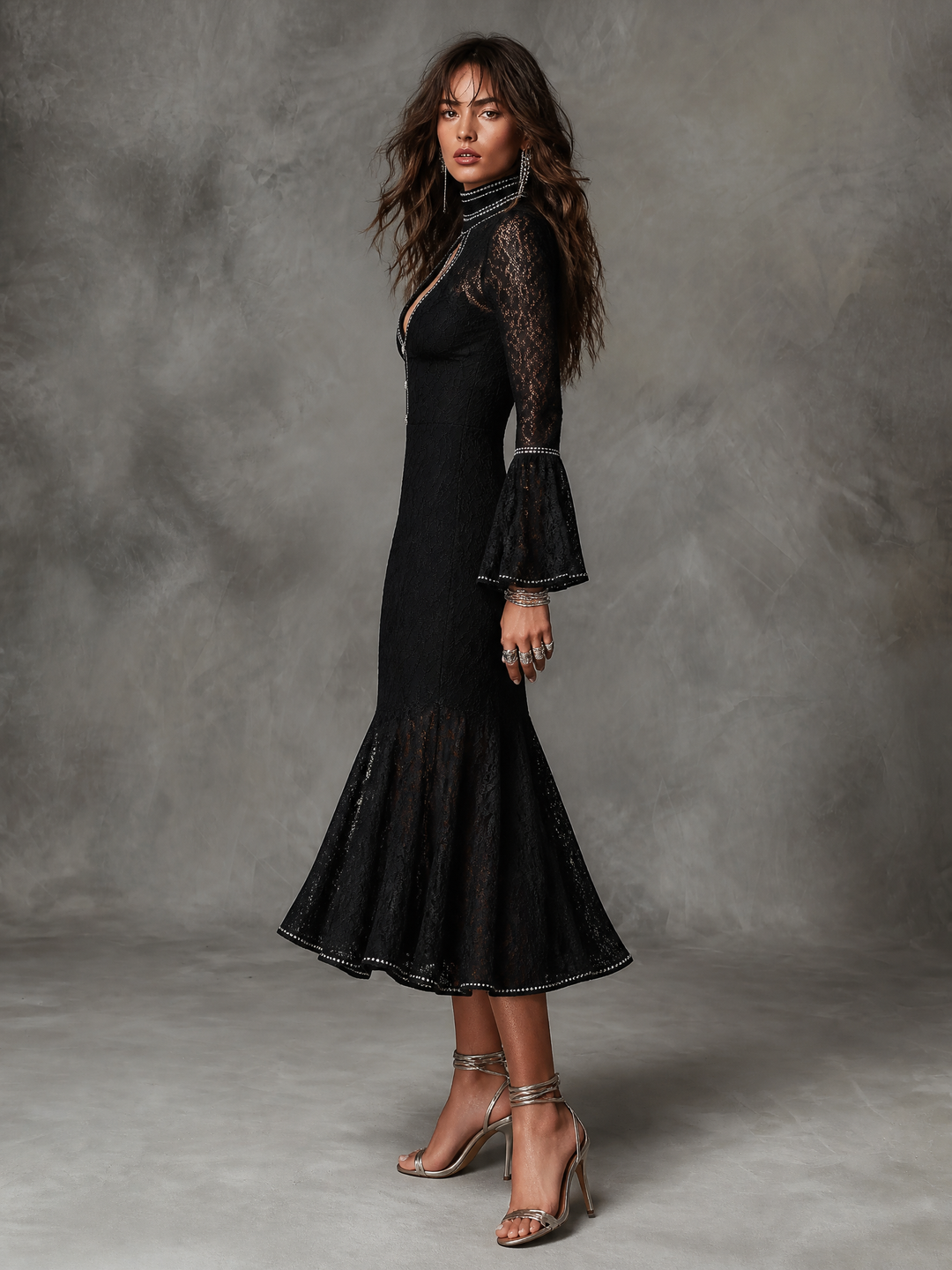 Vintage High Neck Cutout Long Bell Sleeve Silver Rhinestone Piping Black Floral Lace Mermaid Midi Dress
