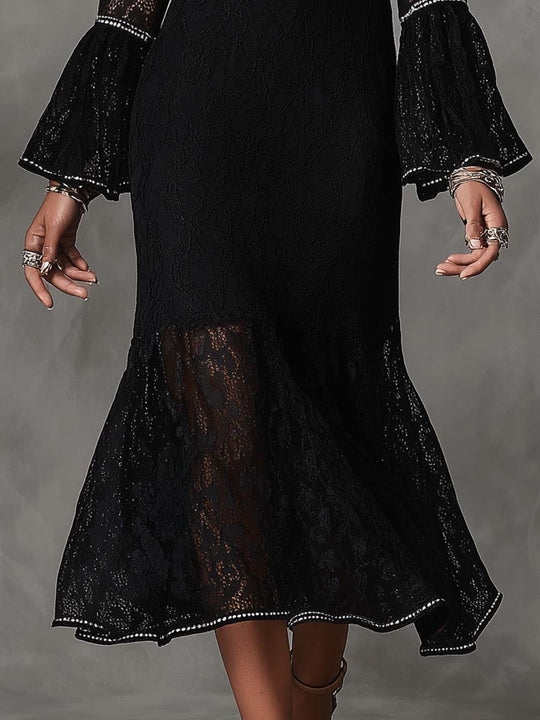 Vintage High Neck Cutout Long Bell Sleeve Silver Rhinestone Piping Black Floral Lace Mermaid Midi Dress