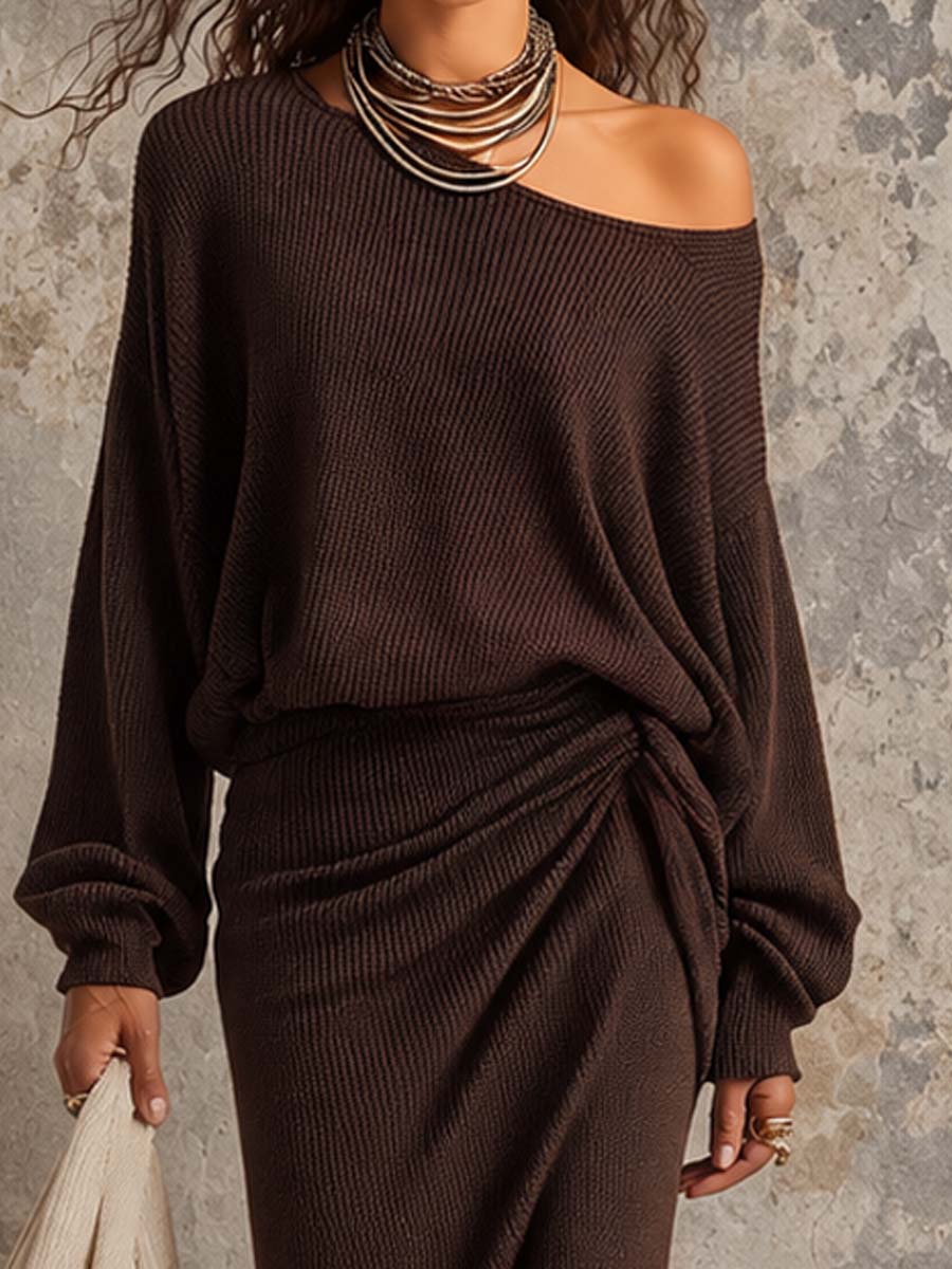 Vintage Ribbed Knit One-Shoulder Batwing Sleeve Ruched Midi Dress