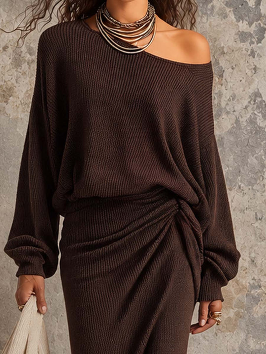 Vintage Ribbed Knit One-Shoulder Batwing Sleeve Ruched Midi Dress