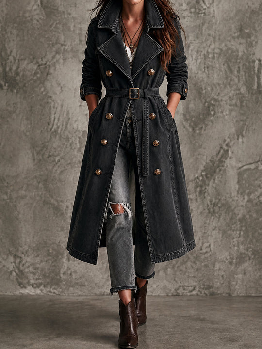 Retro Distressed Denim Lapel Double Breasted Belted Trench Coat