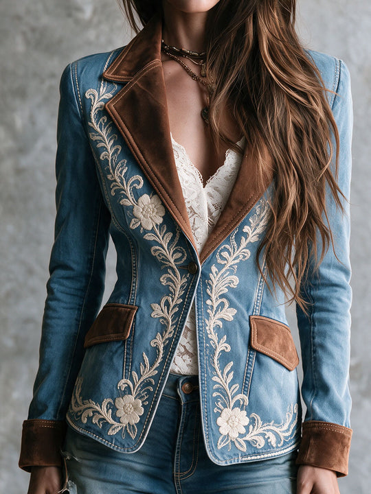 Vintage Cowboy Suede Lapel Floral Embroidery Denim Jacket