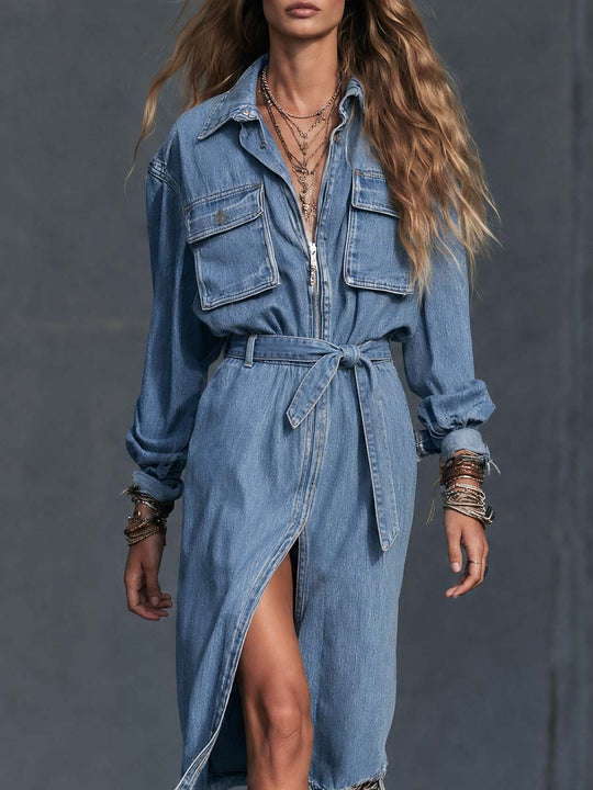 Belted Front Slit Cargo Pocket Denim Shirt Midi Dress