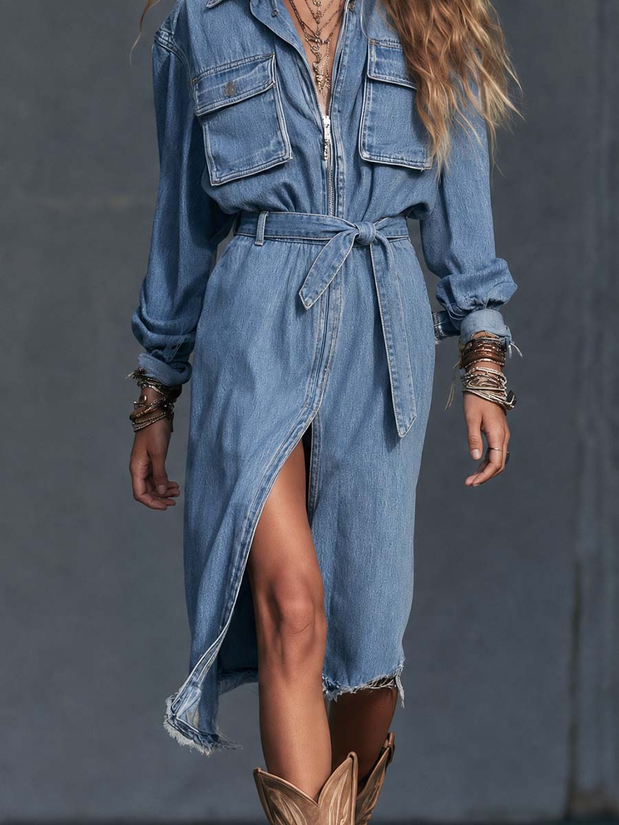 Belted Front Slit Cargo Pocket Denim Shirt Midi Dress