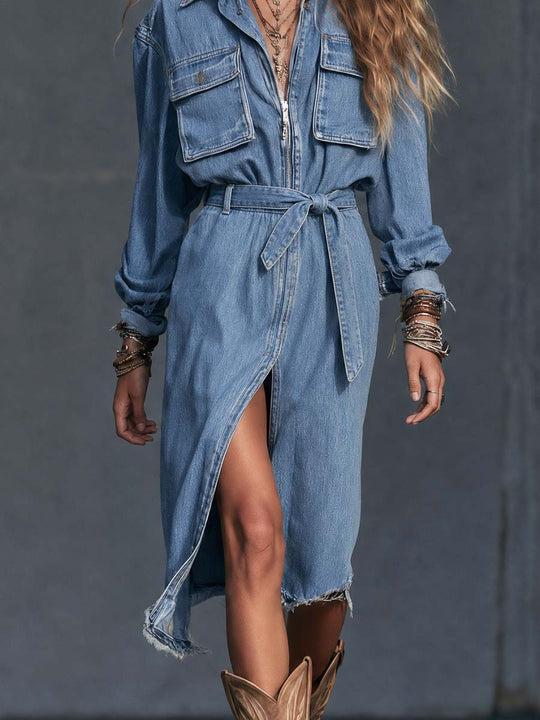 Belted Front Slit Cargo Pocket Denim Shirt Midi Dress