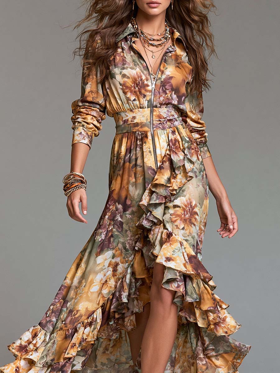 Boho Floral Print Zip-Up Ruffle High-Low Maxi Dress