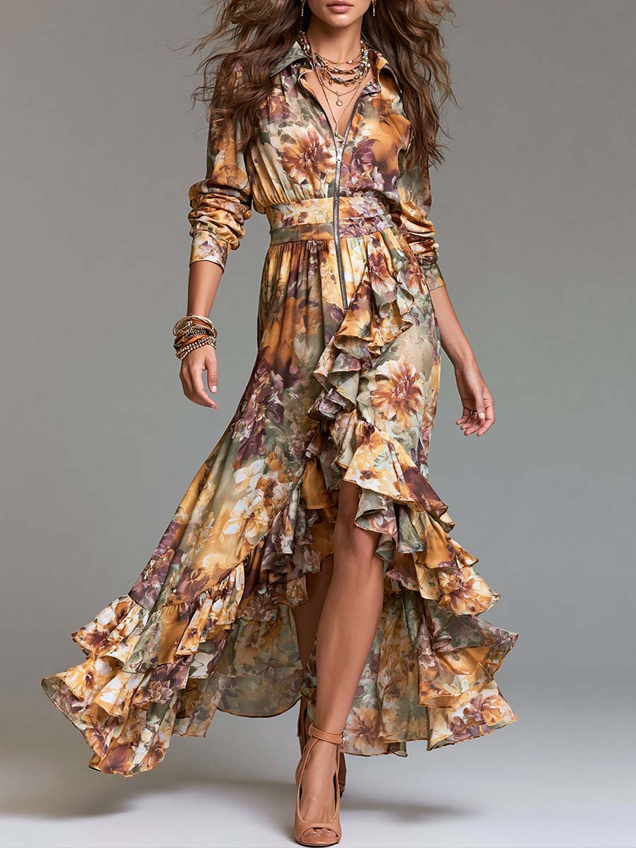 Boho Floral Print Zip-Up Ruffle High-Low Maxi Dress