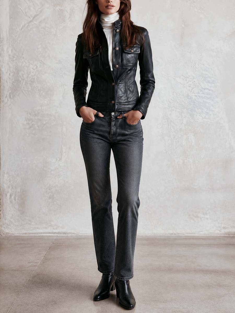 Women's Stand Neck Slim-Fit Faux Leather Jacket