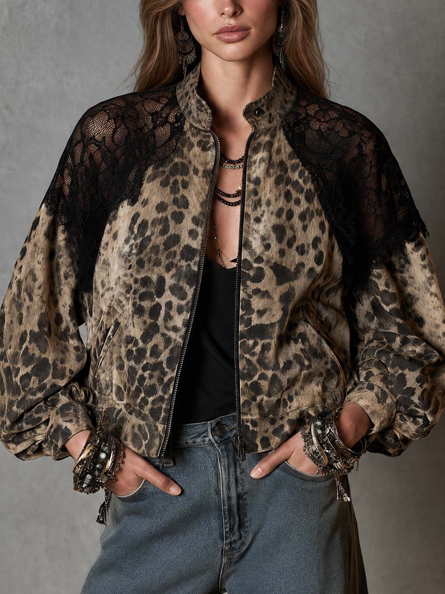 Leopard Print Lace Patchwork Zip-Up Bomber Jacket