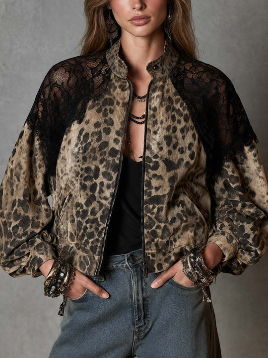 Leopard Print Lace Patchwork Zip-Up Bomber Jacket