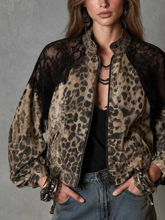 Leopard Print Lace Patchwork Zip-Up Bomber Jacket
