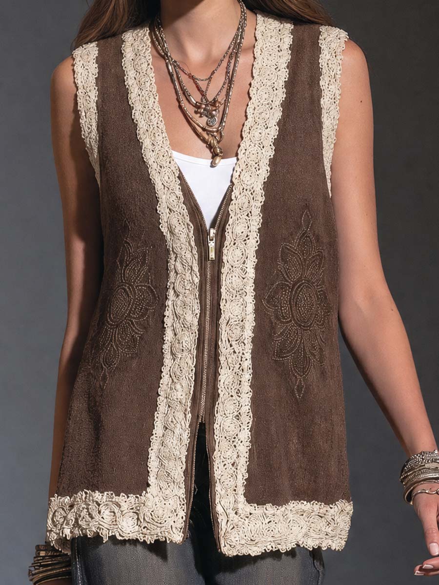 Boho Crochet Lace Trim Floral Embroidered Zip-Up Vest