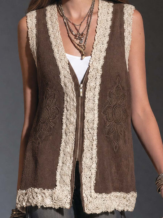 Boho Crochet Lace Trim Floral Embroidered Zip-Up Vest
