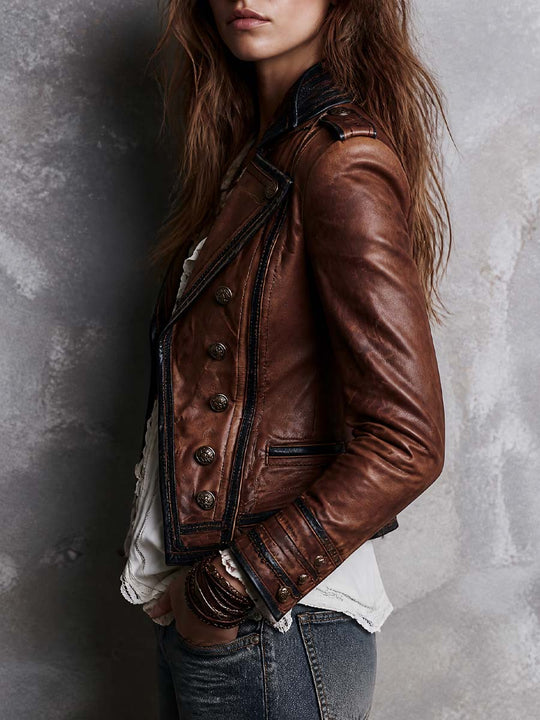 Women's Vintage Military Style Contrast Trim Faux Leather Jacket
