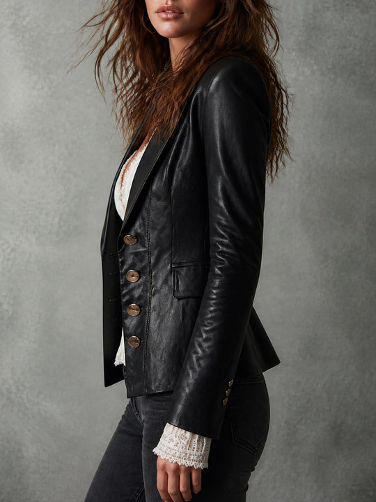 Retro Faux PU Lapel Blazer With Topstitching Detail