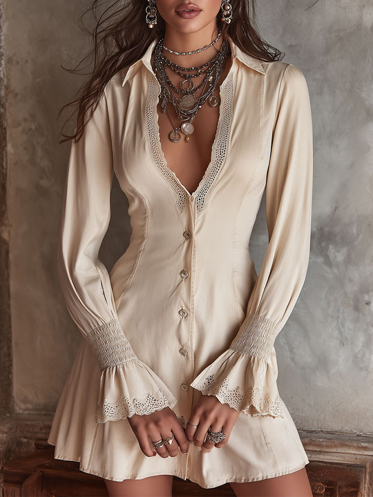 Retro Lace-Trim Button-Up Shirt Dress With Smocked Bell Sleeves