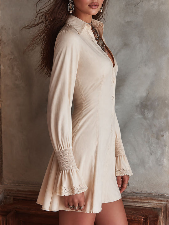Retro Lace-Trim Button-Up Shirt Dress With Smocked Bell Sleeves