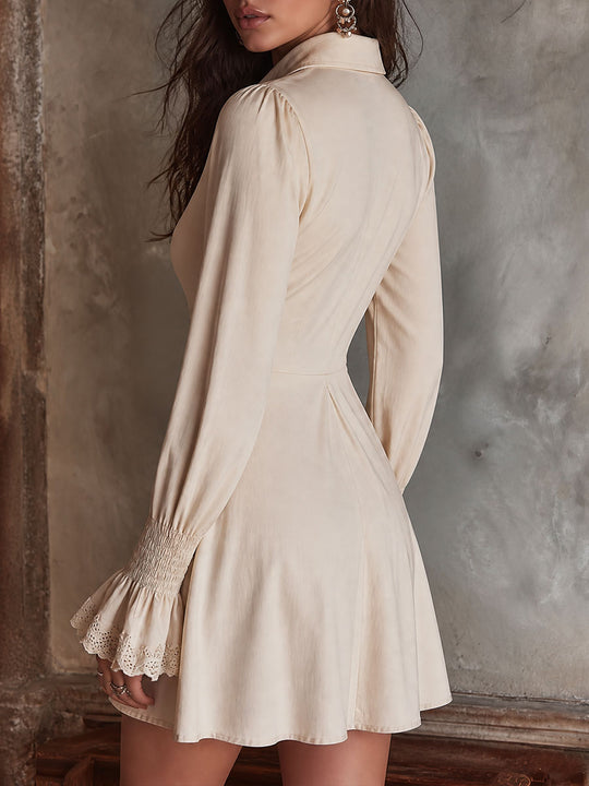 Retro Lace-Trim Button-Up Shirt Dress With Smocked Bell Sleeves