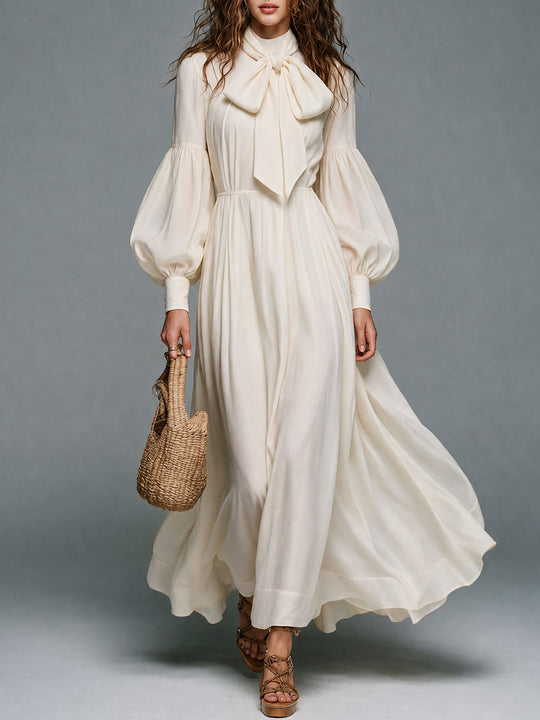 Bishop Sleeve Bow-Tie Neck Maxi Dress