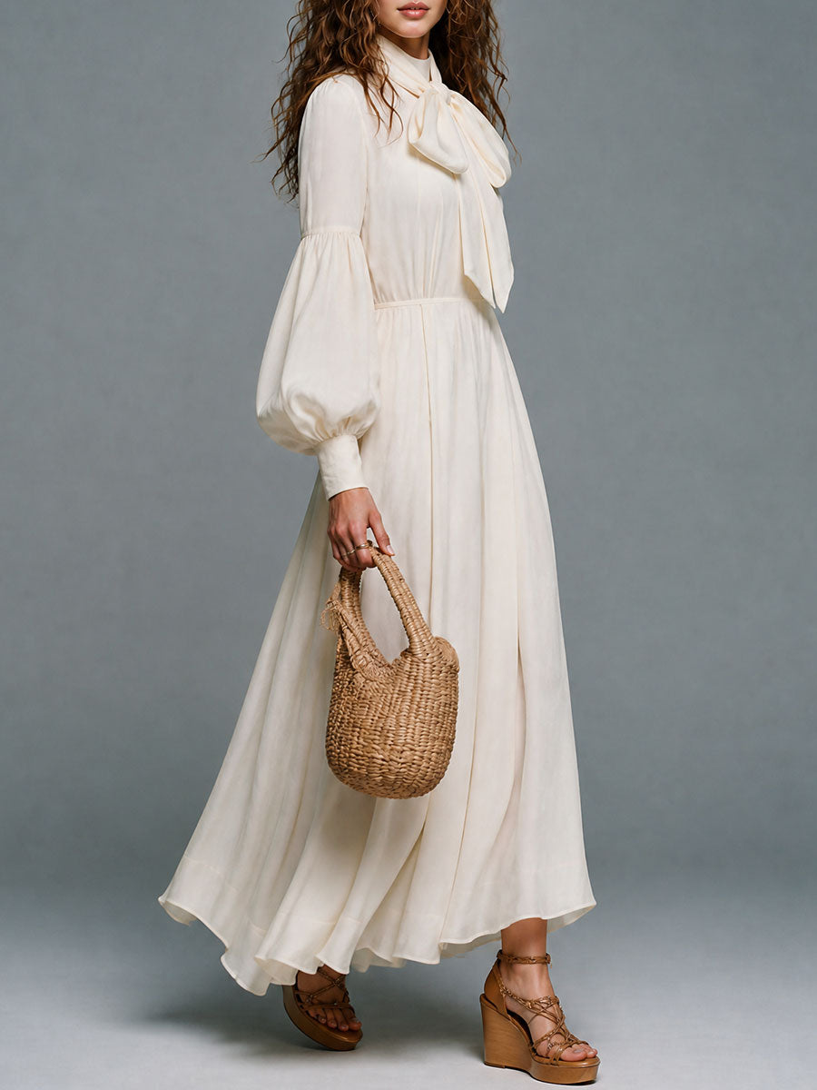 Bishop Sleeve Bow-Tie Neck Maxi Dress