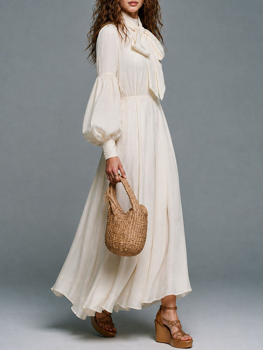 Bishop Sleeve Bow-Tie Neck Maxi Dress