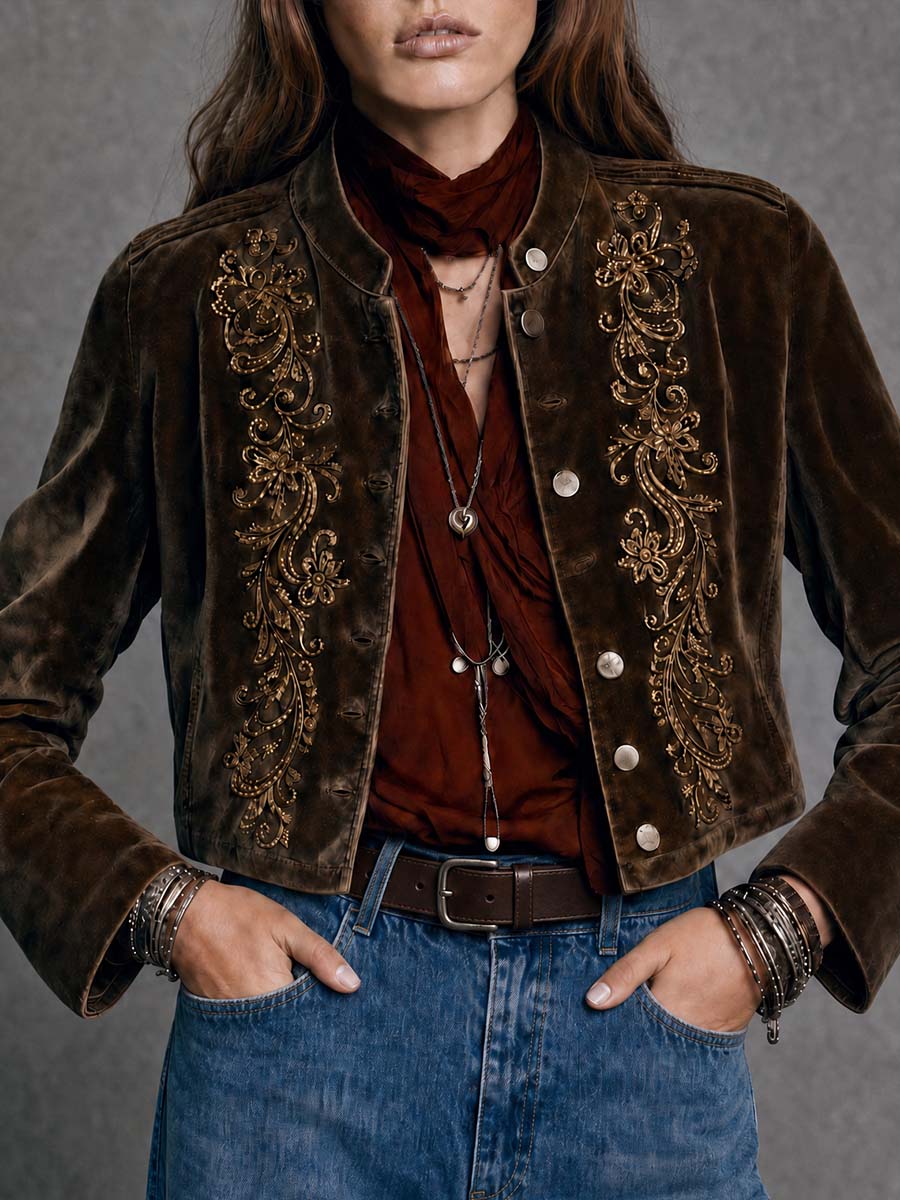 Vintage Embroidered Cropped Western Jacket