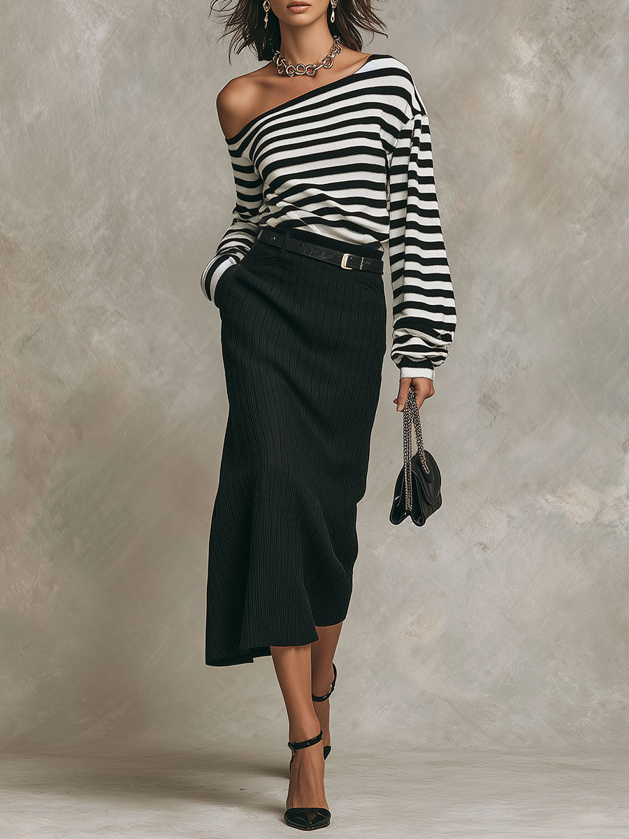 Boho Off-Shoulder Striped Top & Textured Midi Skirt Set