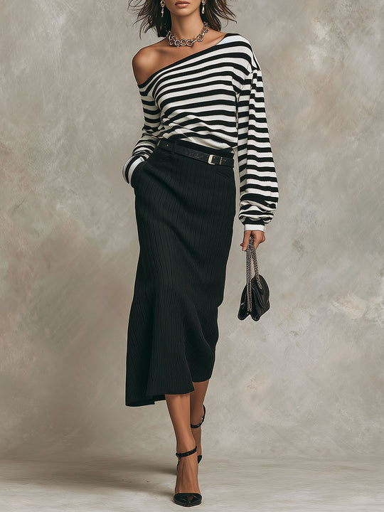 Boho Off-Shoulder Striped Top & Textured Midi Skirt Set
