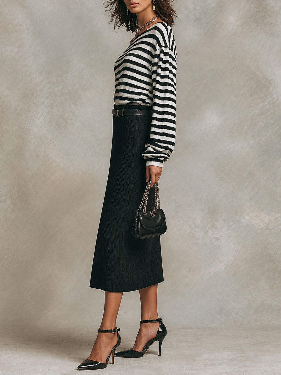 Boho Off-Shoulder Striped Top & Textured Midi Skirt Set
