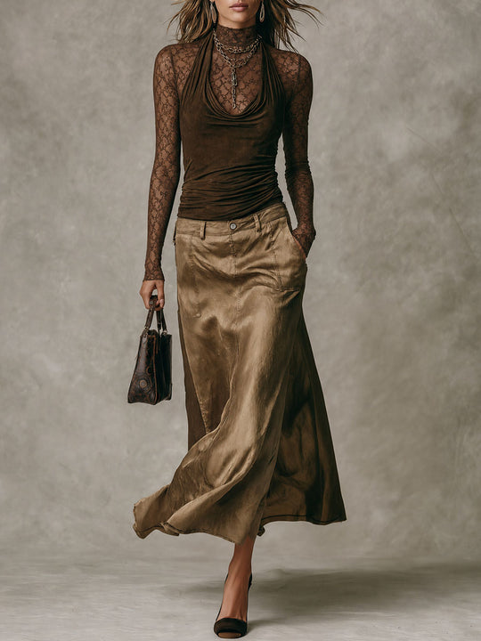 Bohemian Luxe Lace Cowl-Neck Top & Patch Pockets Tencel Skirt Set