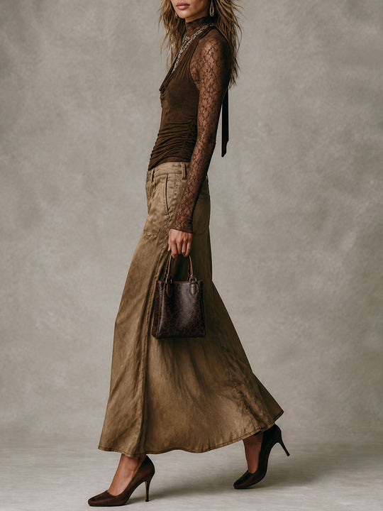 Bohemian Luxe Lace Cowl-Neck Top & Patch Pockets Tencel Skirt Set