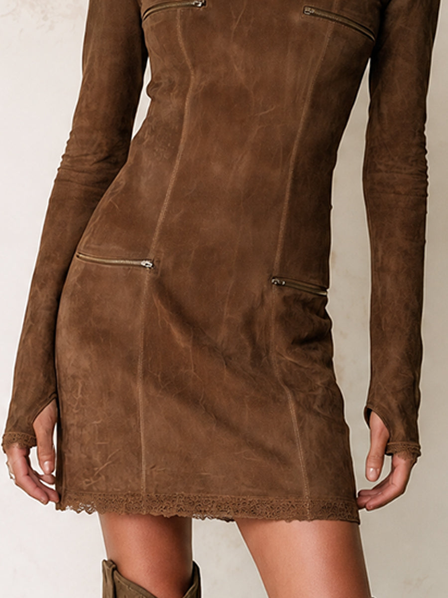 Brown Suede Zip Detail Mini Dress