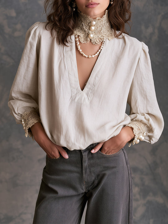 Ivory Lace Collar Puff Sleeve Blouse