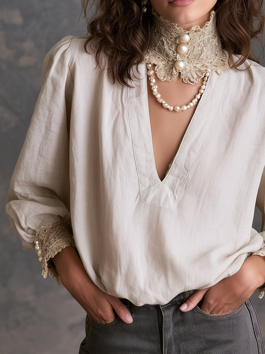 Ivory Lace Collar Puff Sleeve Blouse