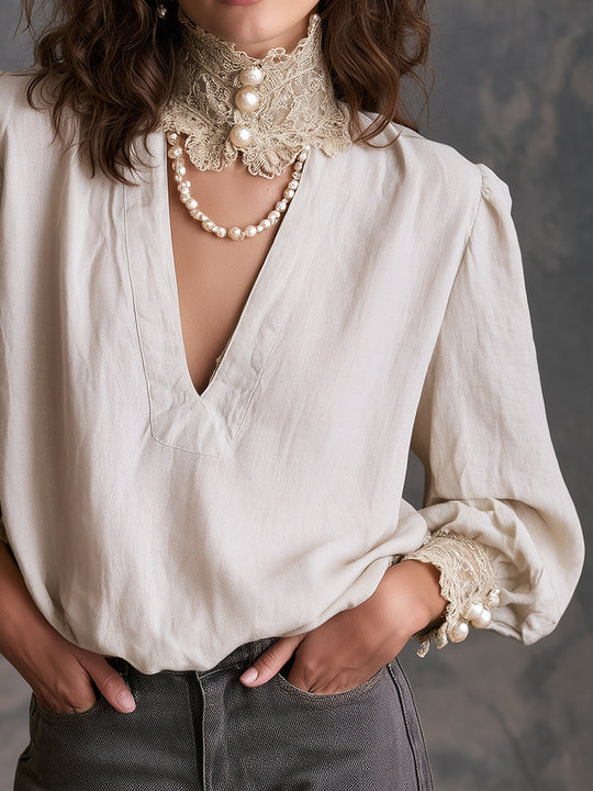 Ivory Lace Collar Puff Sleeve Blouse