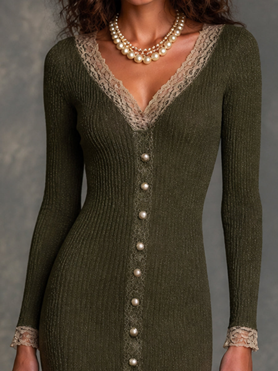 Vintage Olive Ribbed Knit Lace Mini Dress