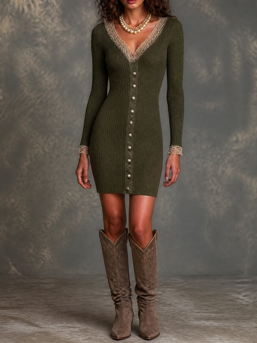 Vintage Olive Ribbed Knit Lace Mini Dress