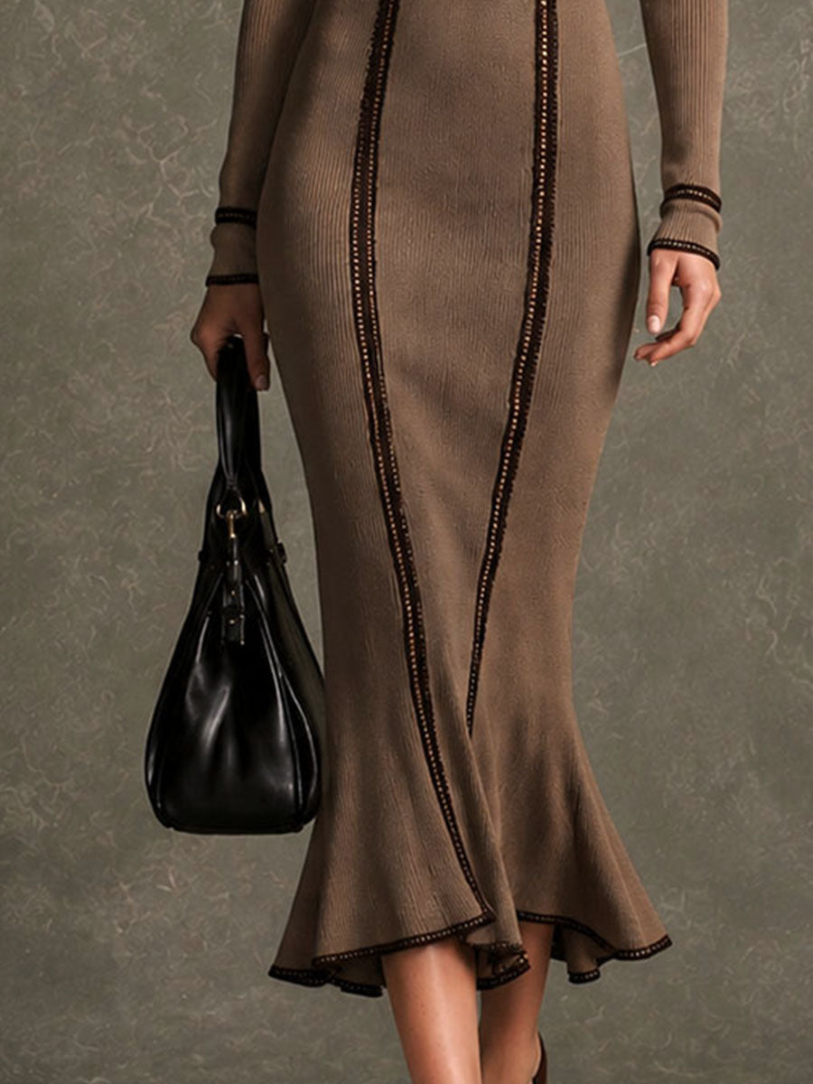 Vintage Taupe Ribbed Knit Contrast Piping Midi Mermaid Dress