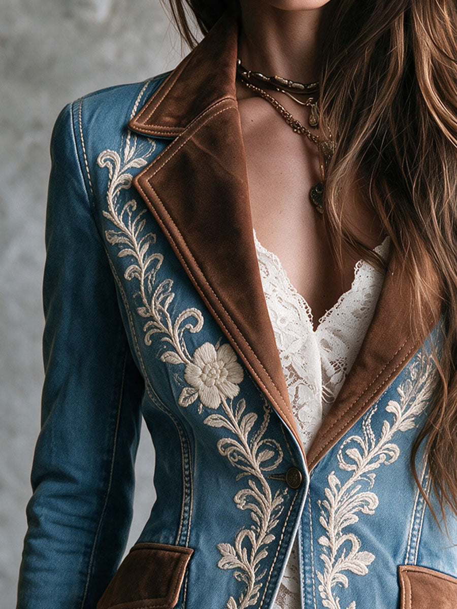 Vintage Cowboy Suede Lapel Floral Embroidery Denim Jacket